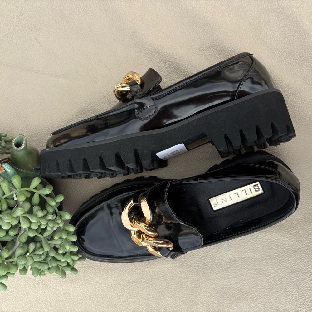 BELLINI FAUX PATENT LEATHER PLATFORM LOAFERS BLOCK HEEL GOLD HARDEARE